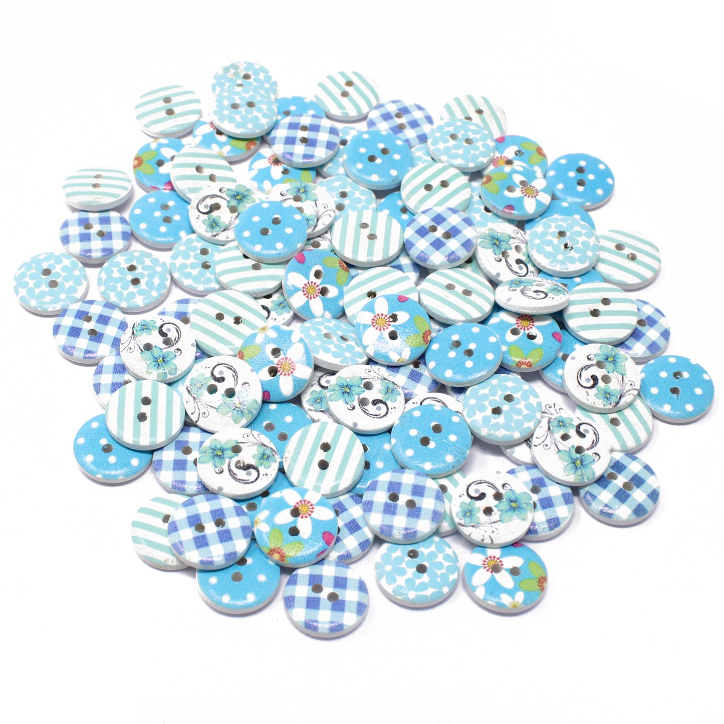 Blue Mix 100 Mixed 15mm Round Wooden Craft Buttons