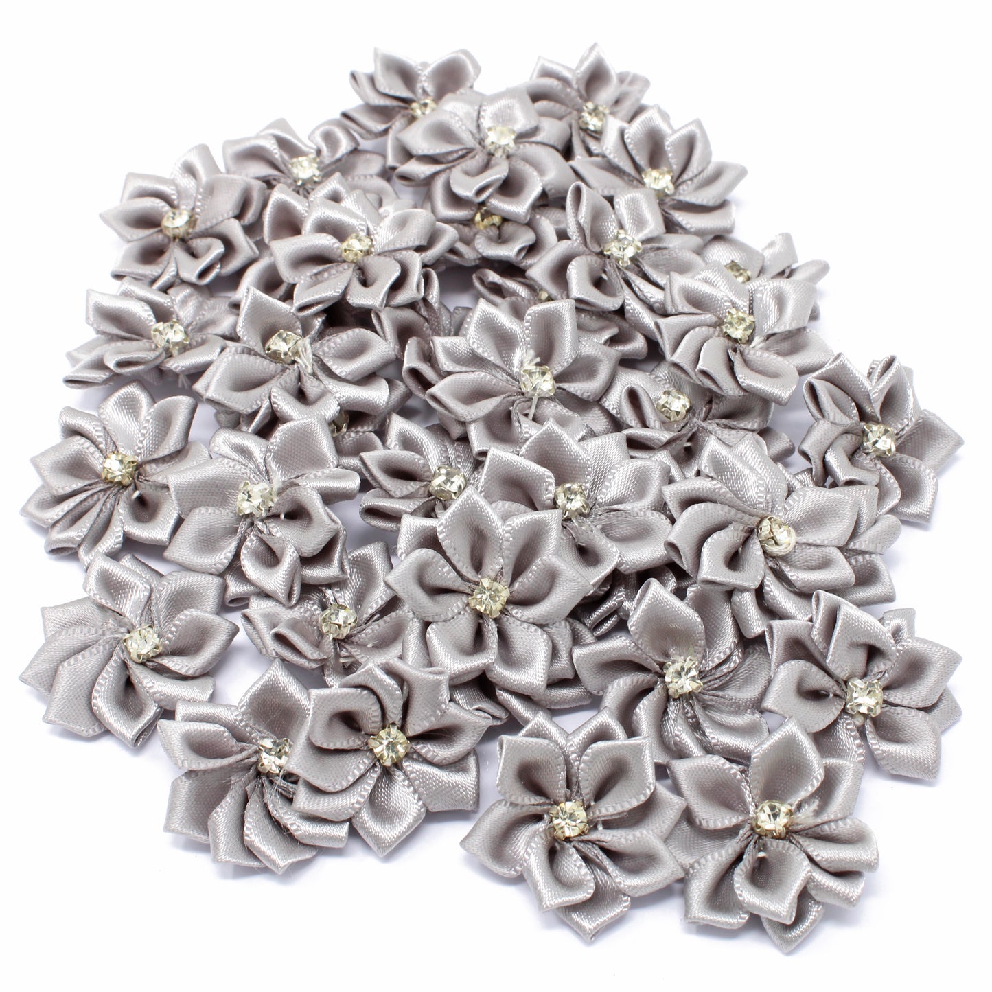 25mm Satin Ribbon Flowers With Rhinestone Diamante Centre