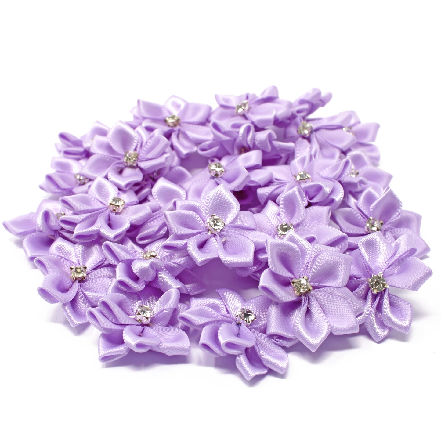 25mm Satin Ribbon Flowers With Rhinestone Diamante Centre