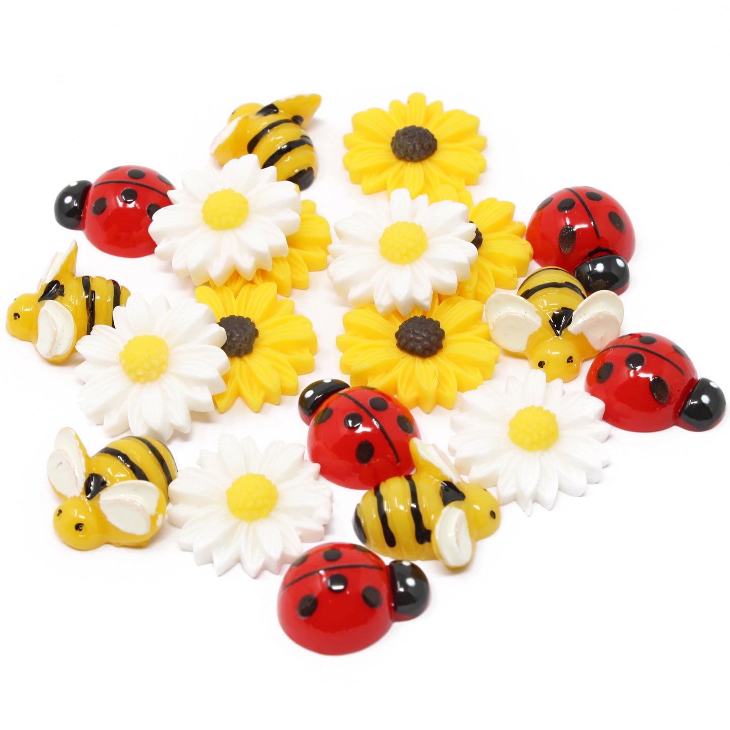 20 Pack Mix Daisy Sunflower Bee & Ladybird Resin Flatbacks