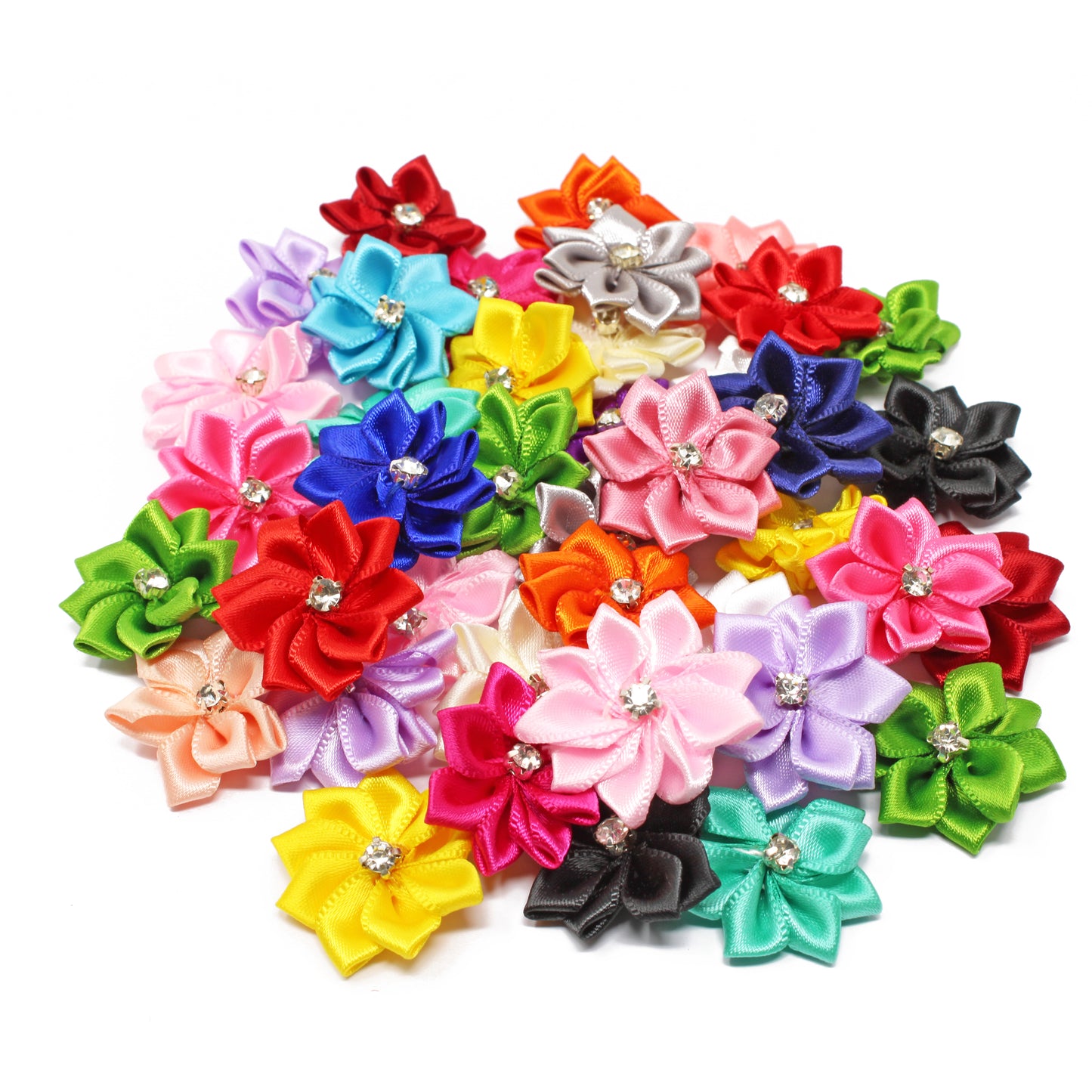 25mm Satin Ribbon Flowers With Rhinestone Diamante Centre