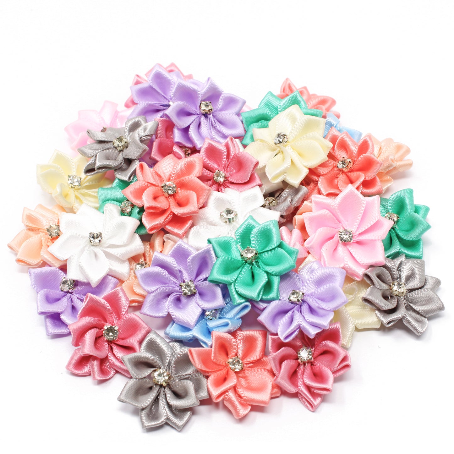 25mm Satin Ribbon Flowers With Rhinestone Diamante Centre