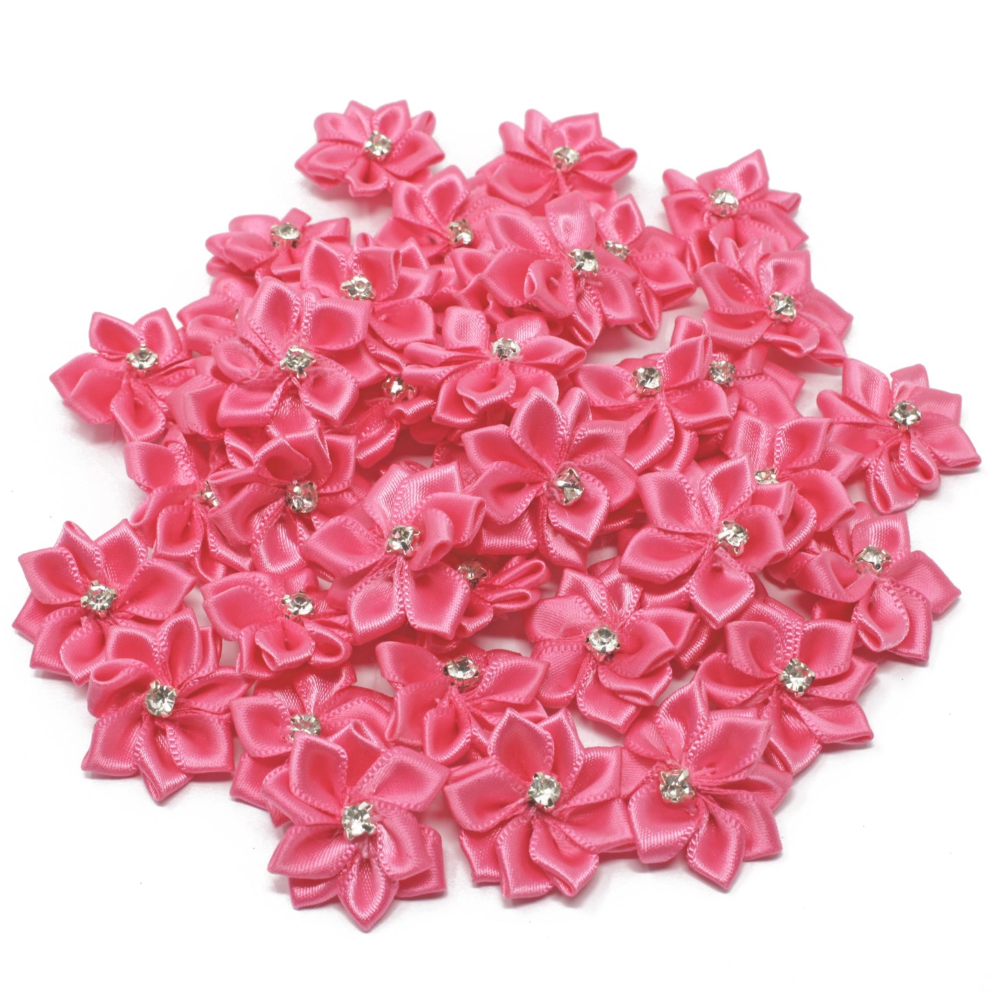 25mm Satin Ribbon Flowers With Rhinestone Diamante Centre