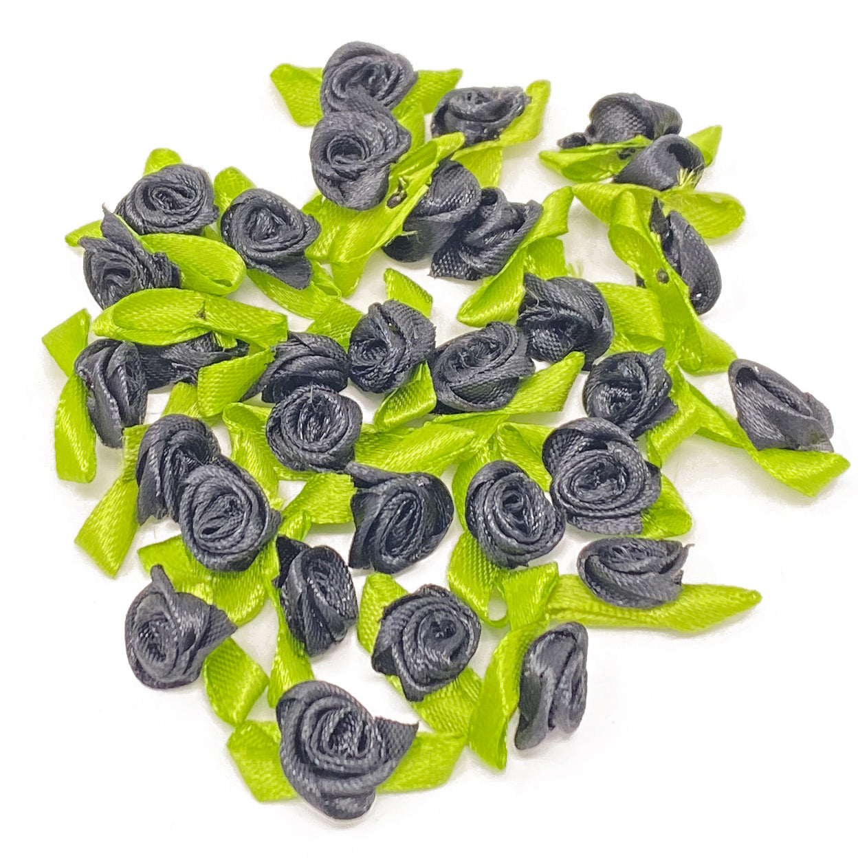 Black Mini 15mm Rose Satin Ribbon Rose Buds With Base