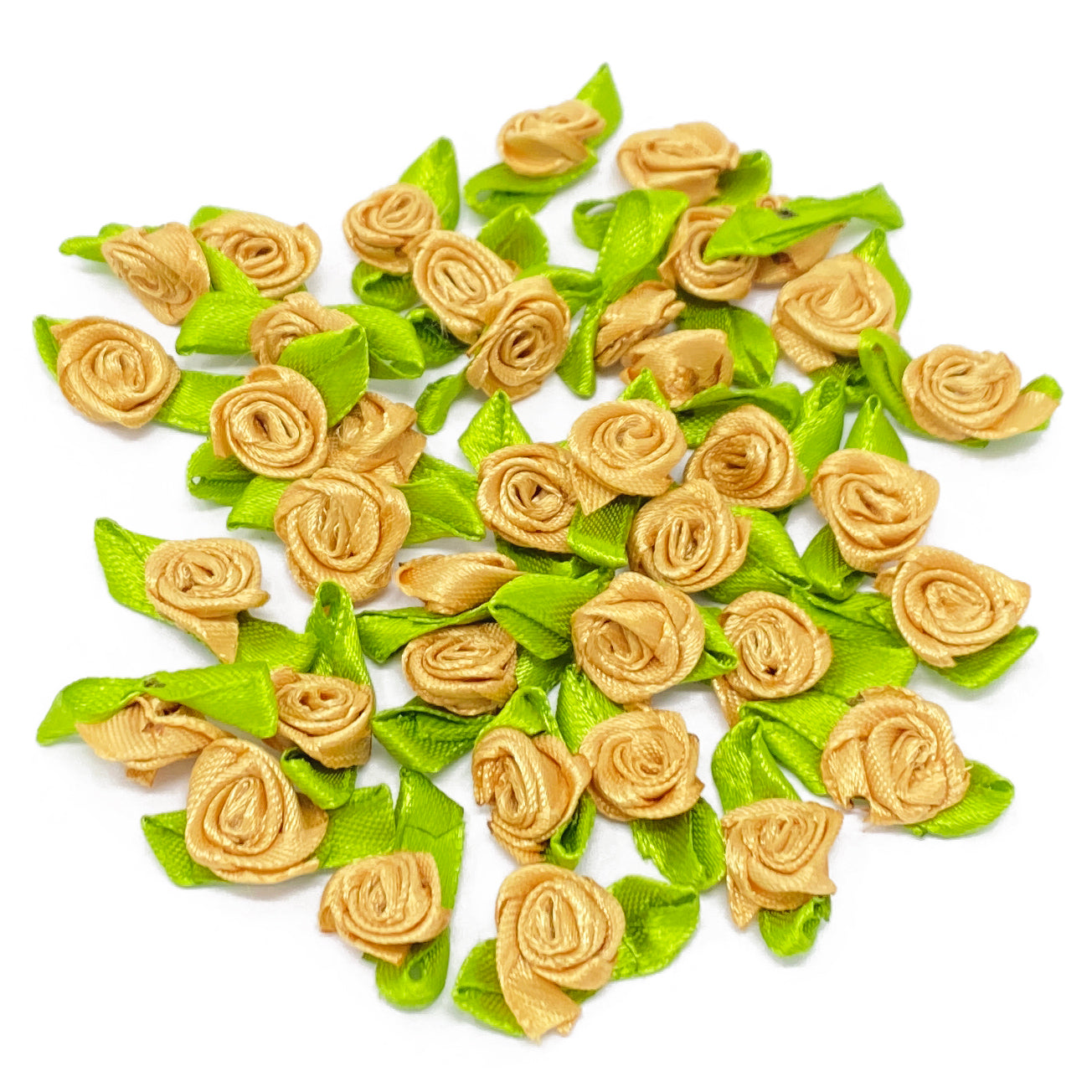 Gold Mini 15mm Rose Satin Ribbon Rose Buds With Base