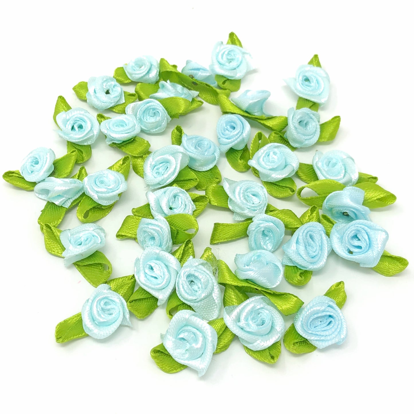 Light Blue Mini 15mm Rose Satin Ribbon Rose Buds With Base