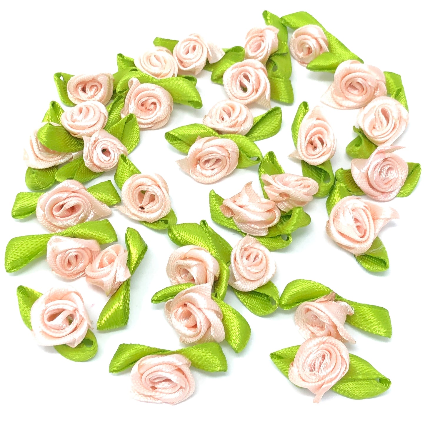 Light Peach Mini 15mm Rose Satin Ribbon Rose Buds With Base