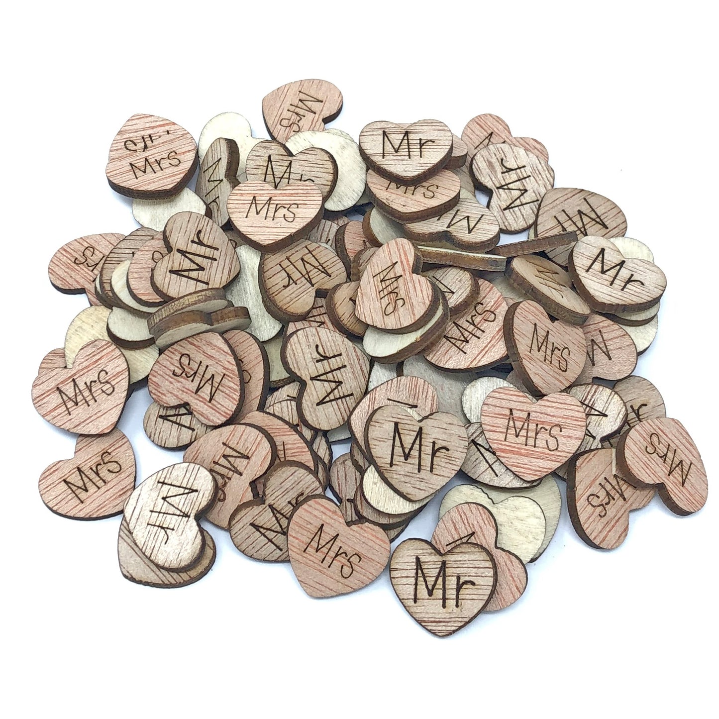 Mr & Mrs 15mm Natural Wooden Wedding Love Hearts 