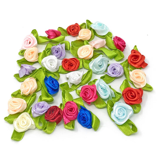 Multicoloured Mini 15mm Rose Satin Ribbon Rose Buds With Base