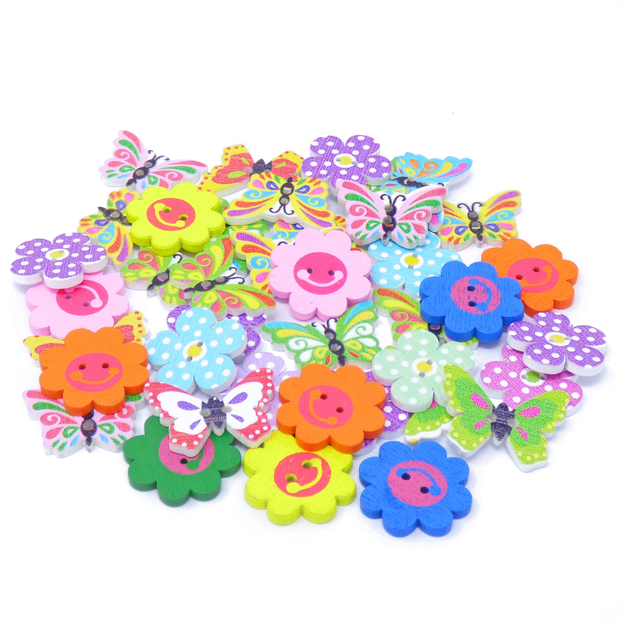 40 Mixed Bright Flower & Butterfly Buttons