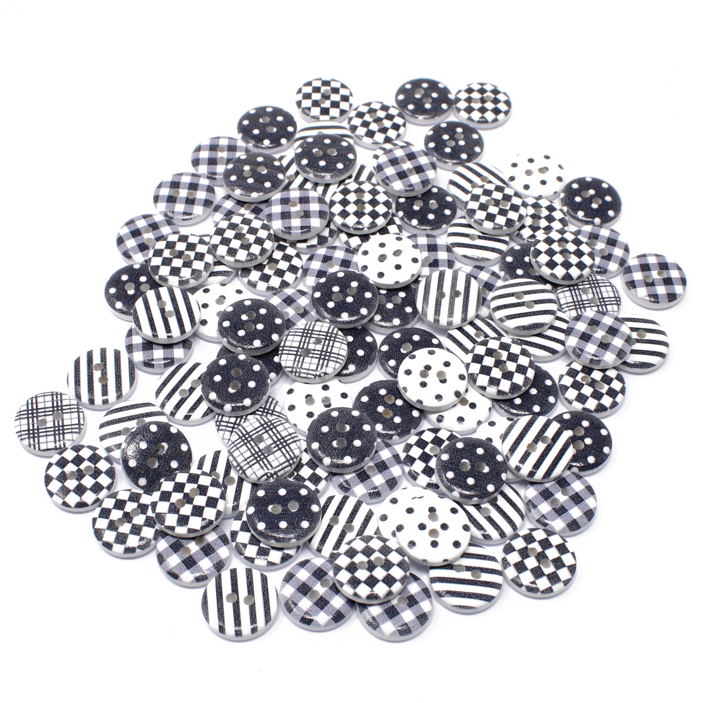 Black & White 100 Mixed 15mm Round Wooden Craft Buttons