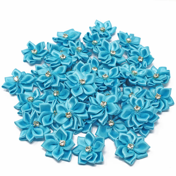 25mm Satin Ribbon Flowers With Rhinestone Diamante Centre