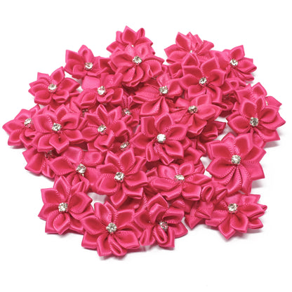 25mm Satin Ribbon Flowers With Rhinestone Diamante Centre