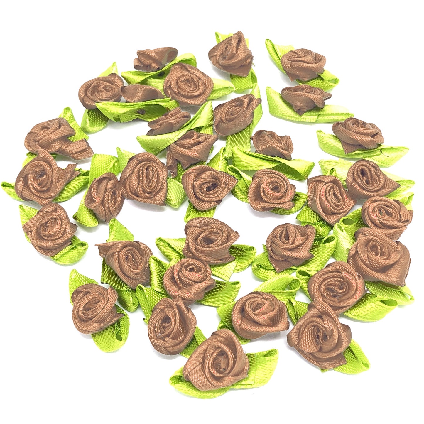 Brown Mini 15mm Rose Satin Ribbon Rose Buds With Base