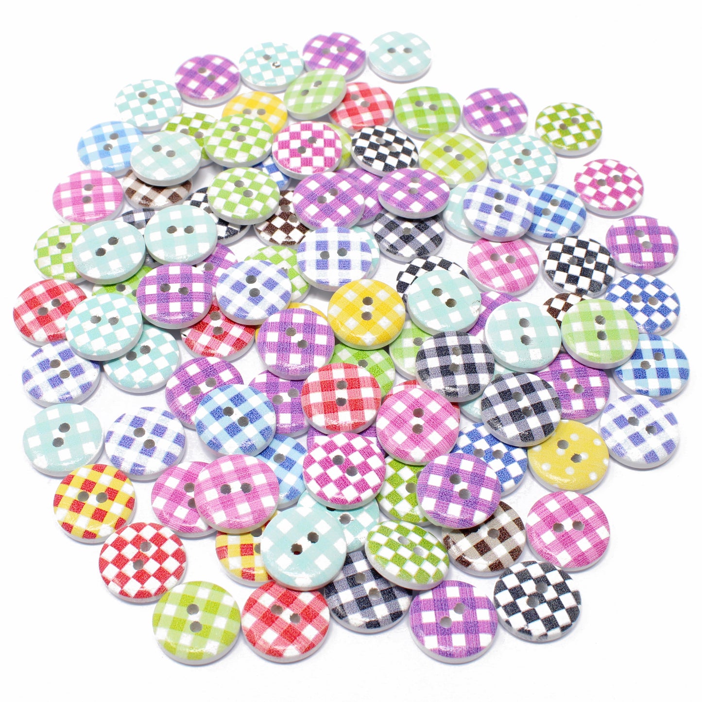 Checked 100 Mixed 15mm Round Wooden Craft Buttons
