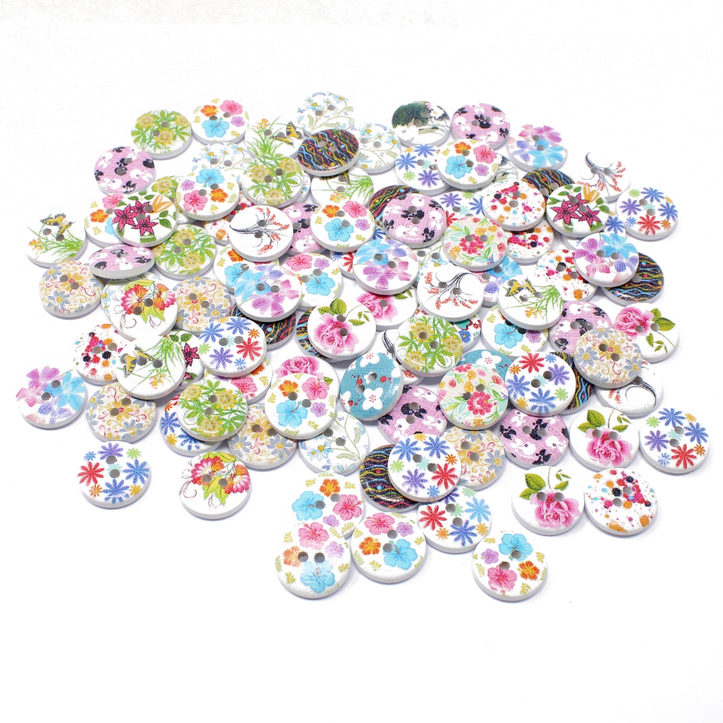 Floral Mix 100 Mixed 15mm Round Wooden Craft Buttons