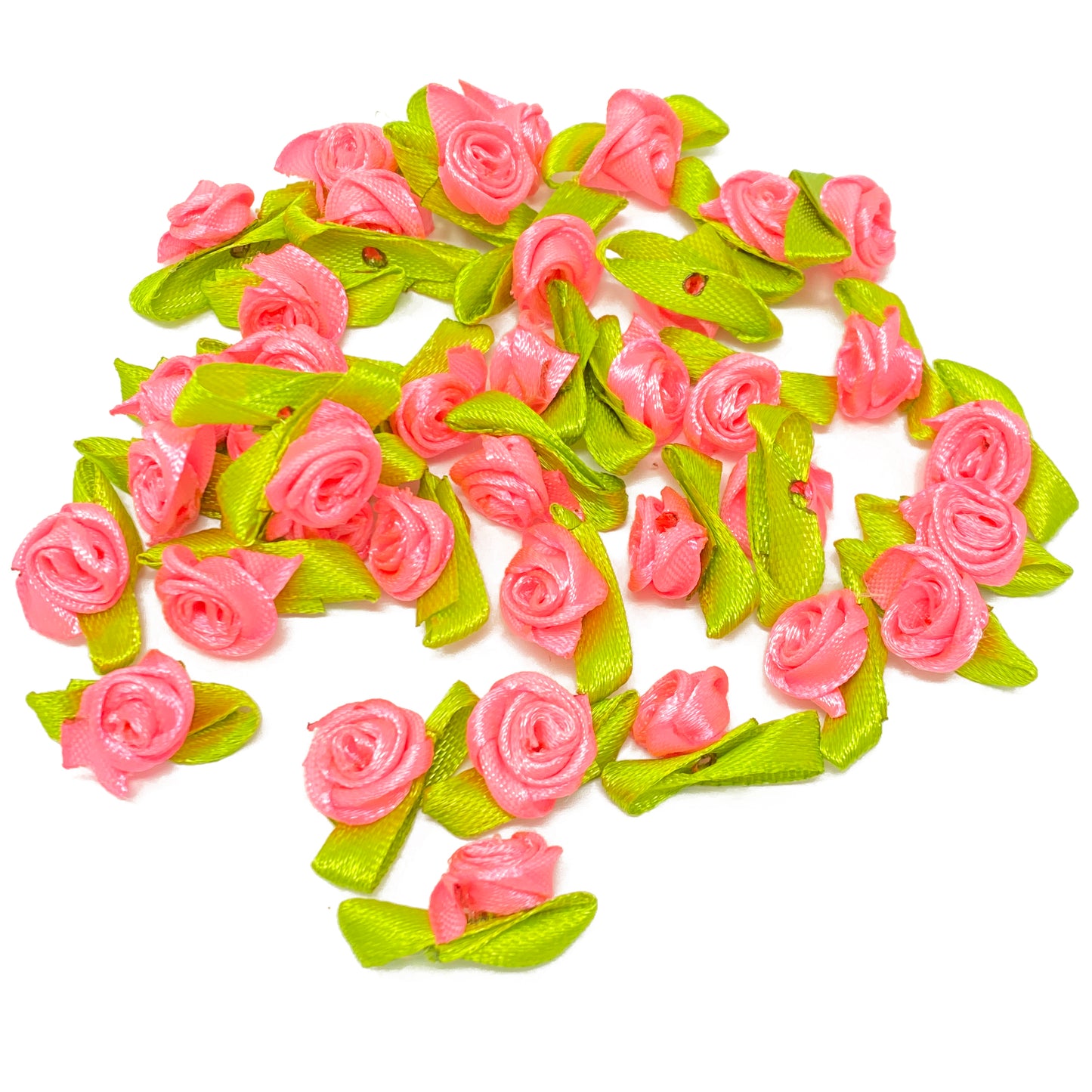 Flouro Pink Mini 15mm Rose Satin Ribbon Rose Buds With Base