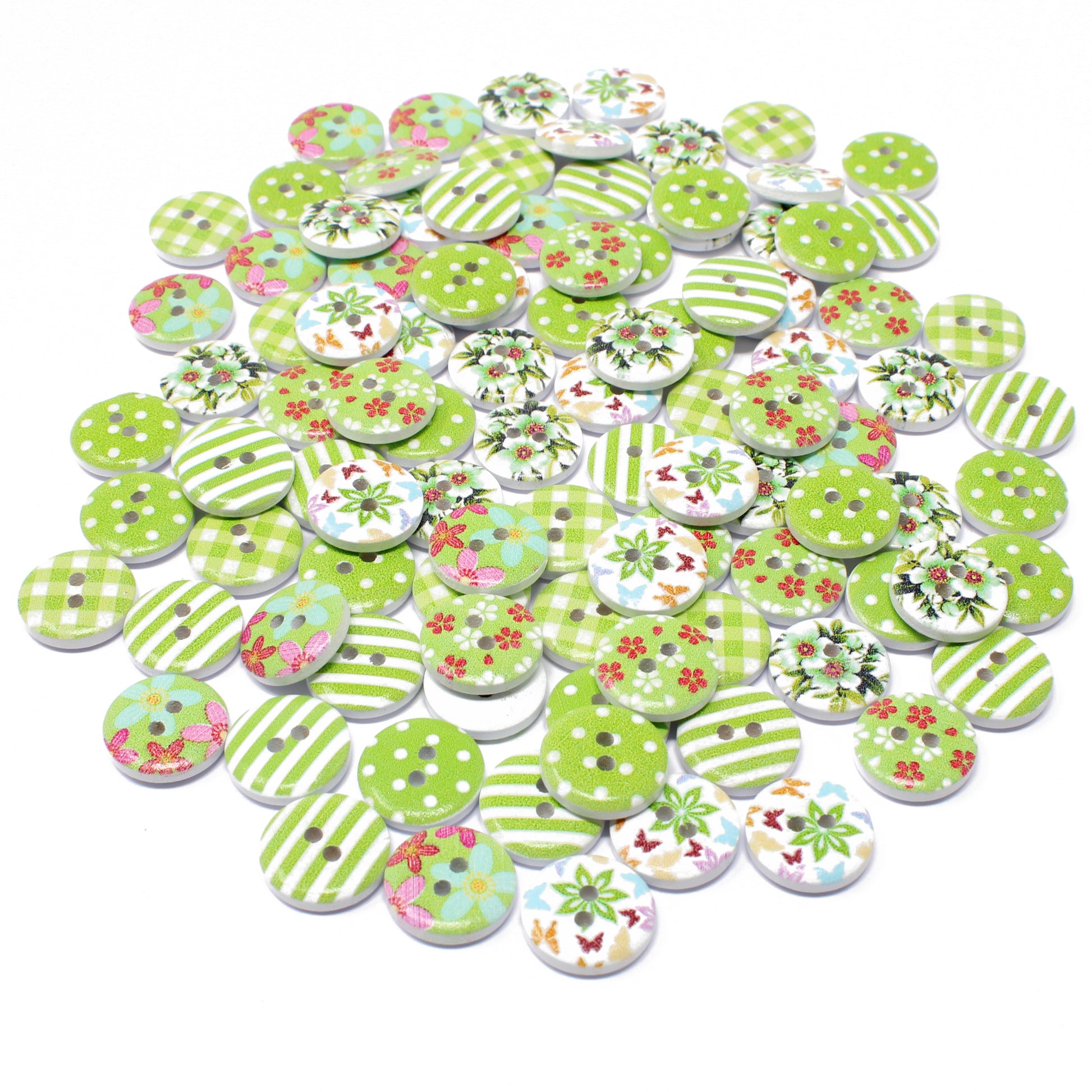 Green mix 100 Mixed 15mm Round Wooden Craft Buttons