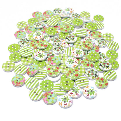 Green mix 100 Mixed 15mm Round Wooden Craft Buttons