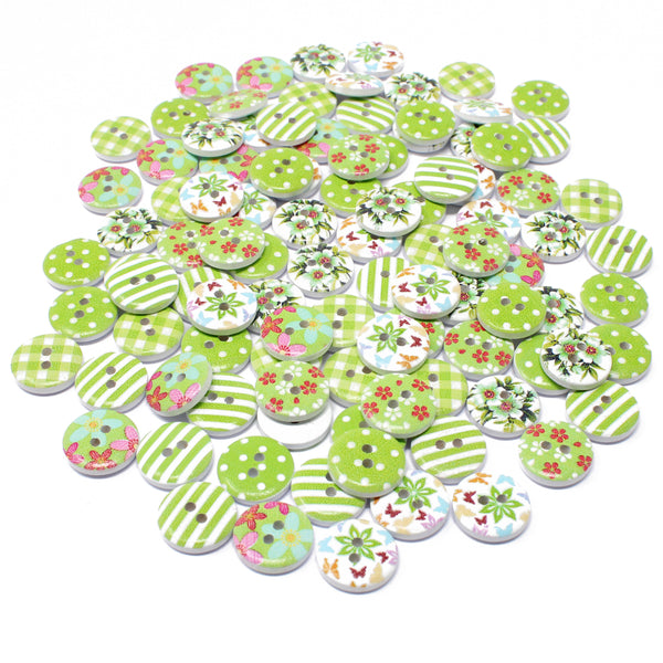 100 Mixed 15mm Round Wooden Craft Buttons