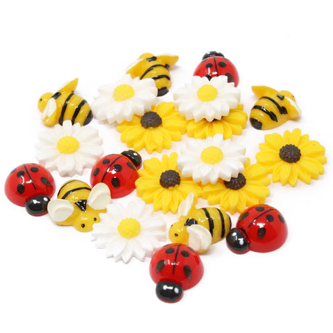 20 Pack Mix Daisy Sunflower Bee & Ladybird Resin Flatbacks