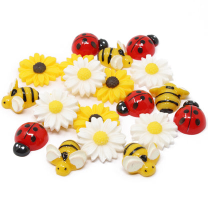 20 Pack Mix Daisy Sunflower Bee & Ladybird Resin Flatbacks