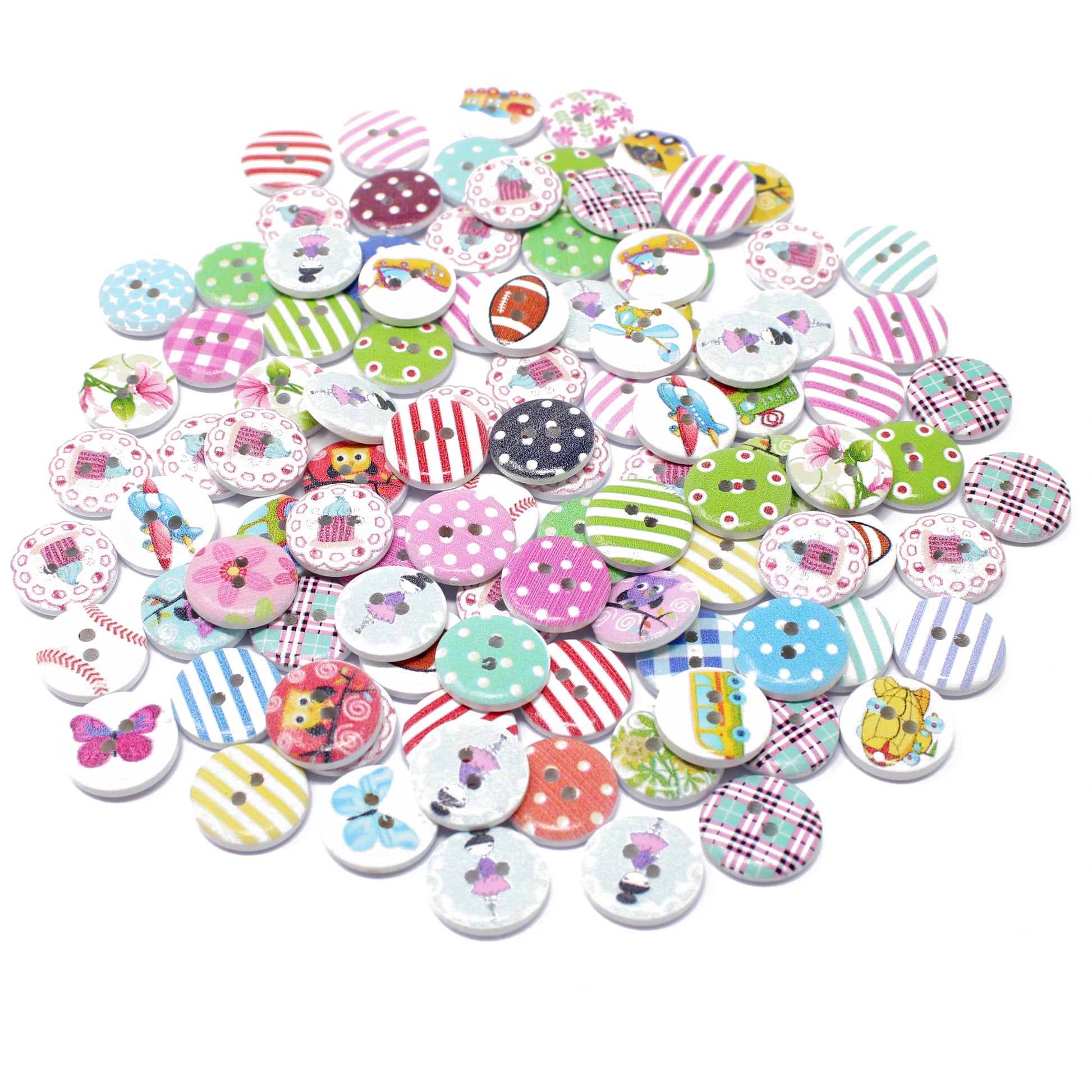 Mixed pack 100 Mixed 15mm Round Wooden Craft Buttons