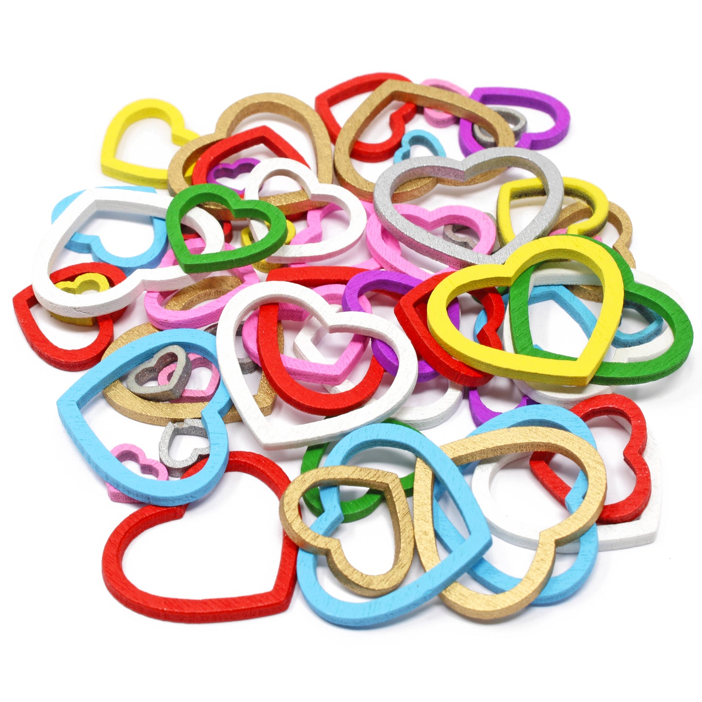 Multicoloured 50 Mixed Size Wooden Open Hearts