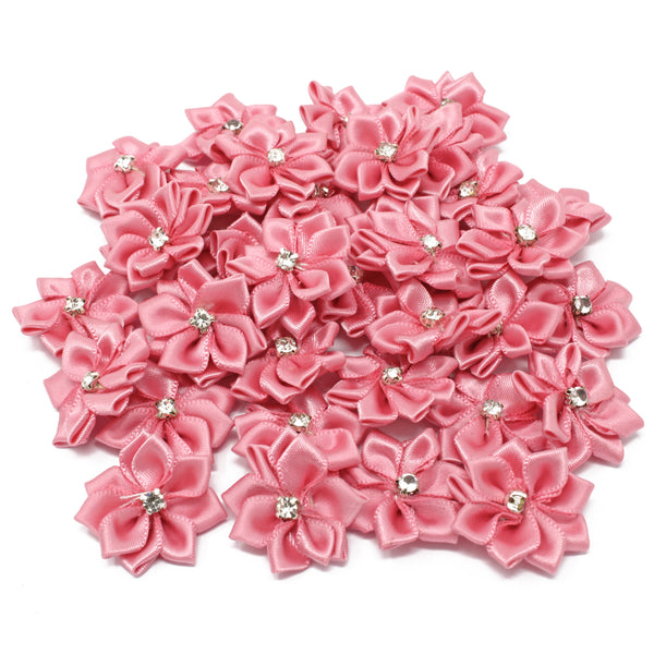 25mm Satin Ribbon Flowers With Rhinestone Diamante Centre