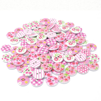 Pink Mix 100 Mixed 15mm Round Wooden Craft Buttons