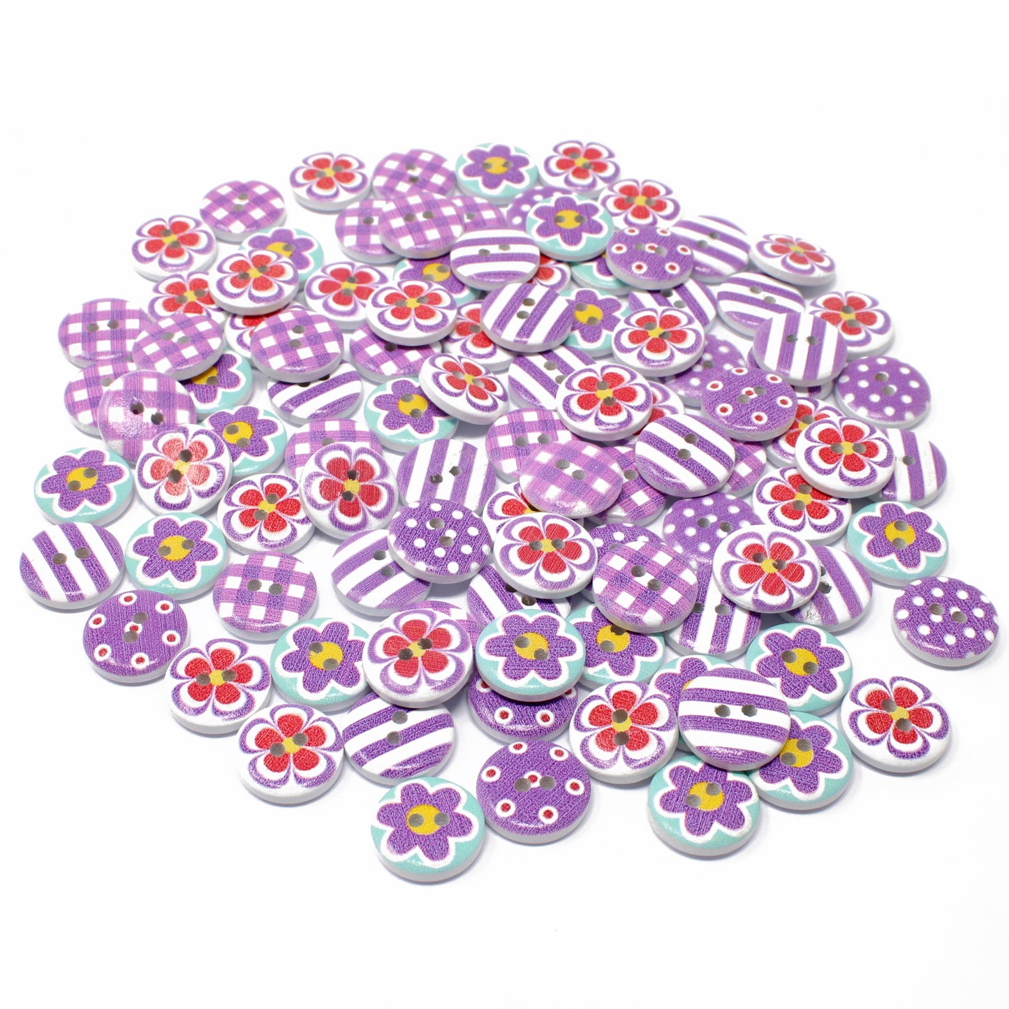 Purple Mix 100 Mixed 15mm Round Wooden Craft Buttons
