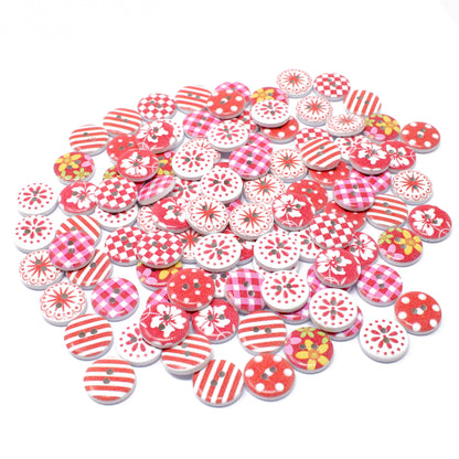 Red Mix 100 Mixed 15mm Round Wooden Craft Buttons