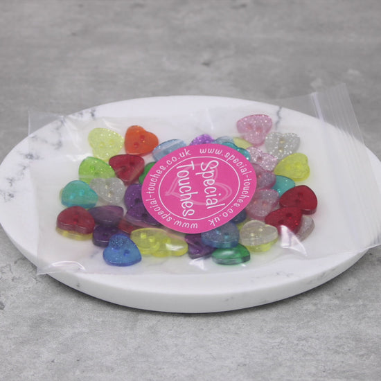 Multicoloured 50 Mix Glitter Heart 13mm Resin Buttons