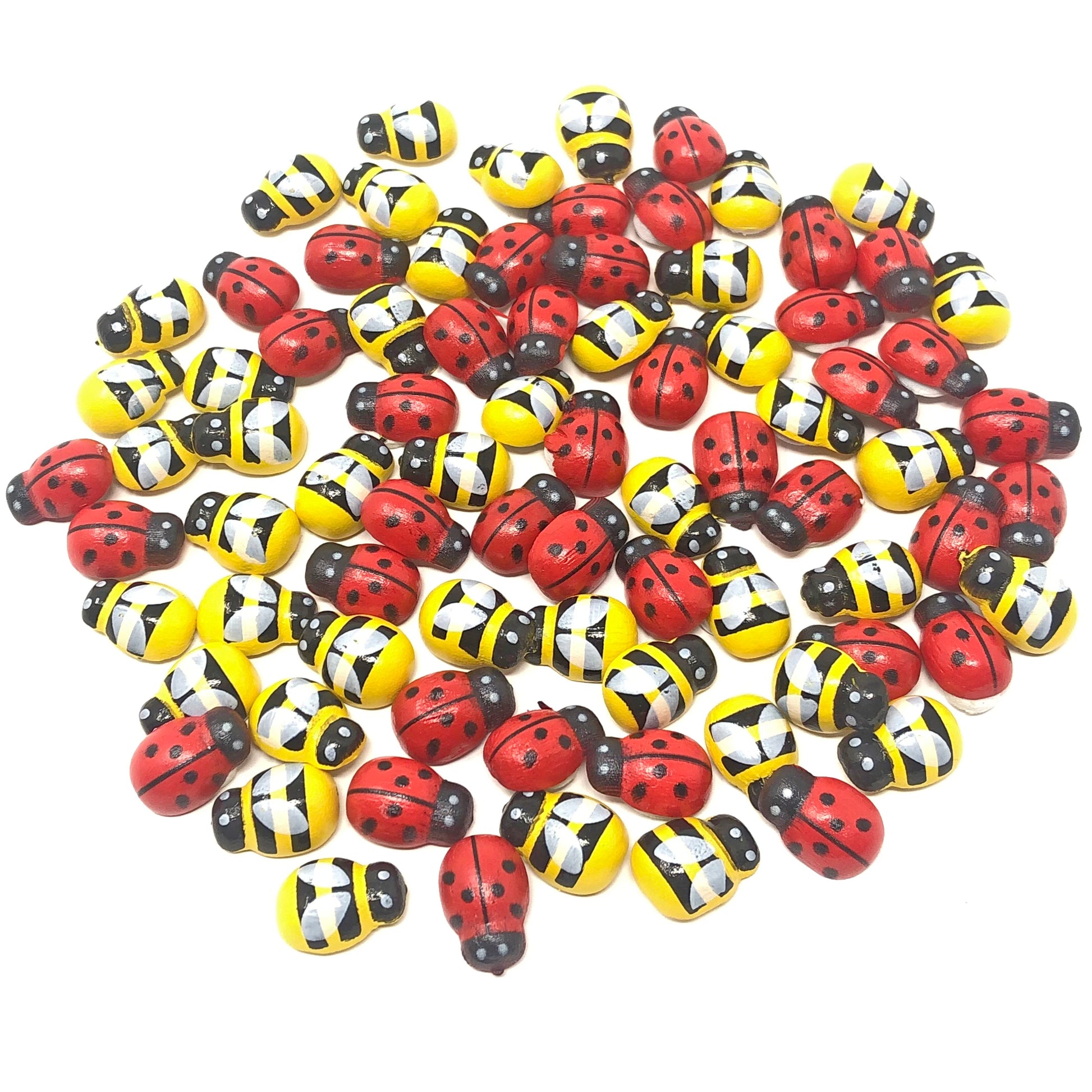 Yellow & Red Mini 9x12mm Mixed Bees & Ladybirds Self Adhesive Wood Toppers