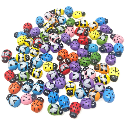 Multicoloured Mini 9x12mm Mixed Bees & Ladybirds Self Adhesive Wood Toppers
