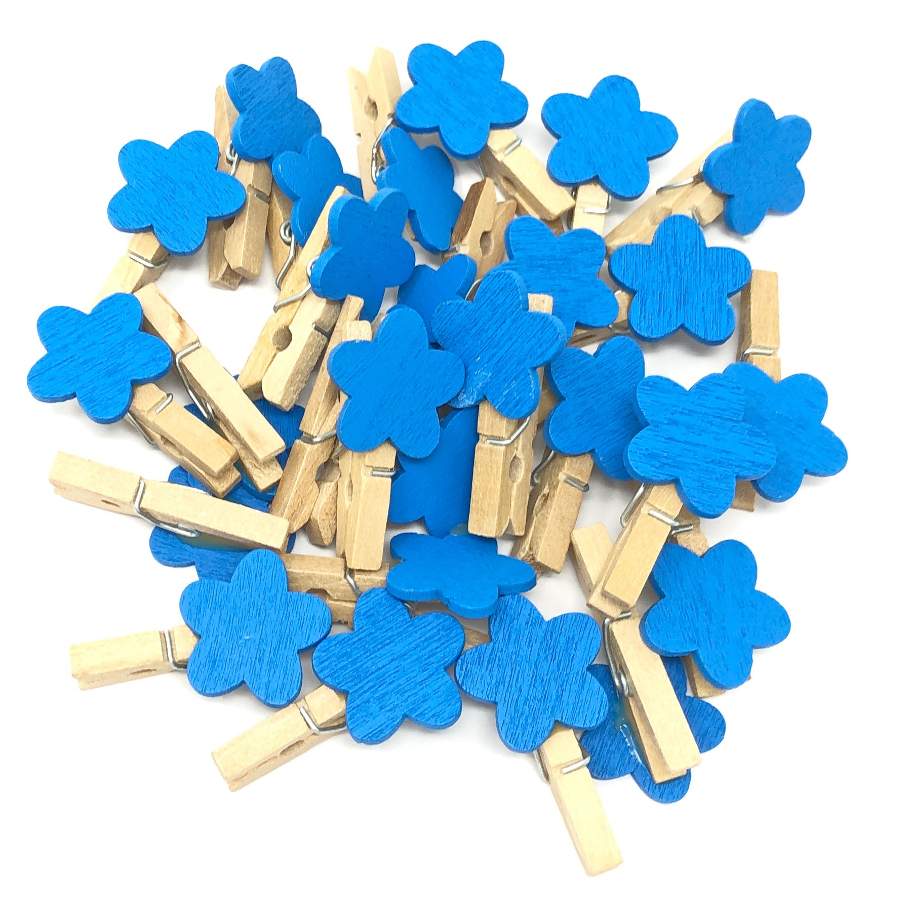 Blue 30mm Natural Pegs with 18mm Coloured Wooden Flowers