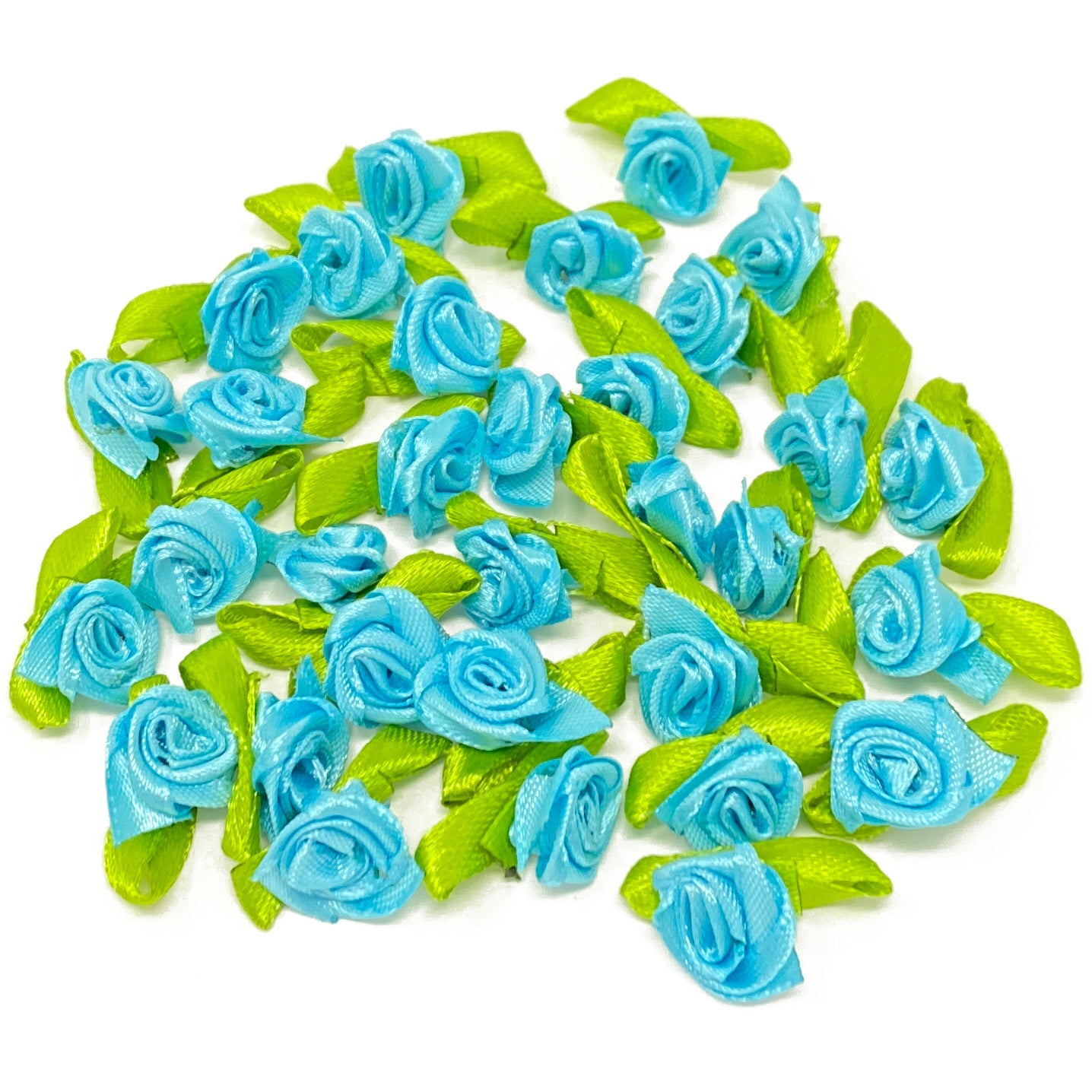 Blue Mini 15mm Rose Satin Ribbon Rose Buds With Base