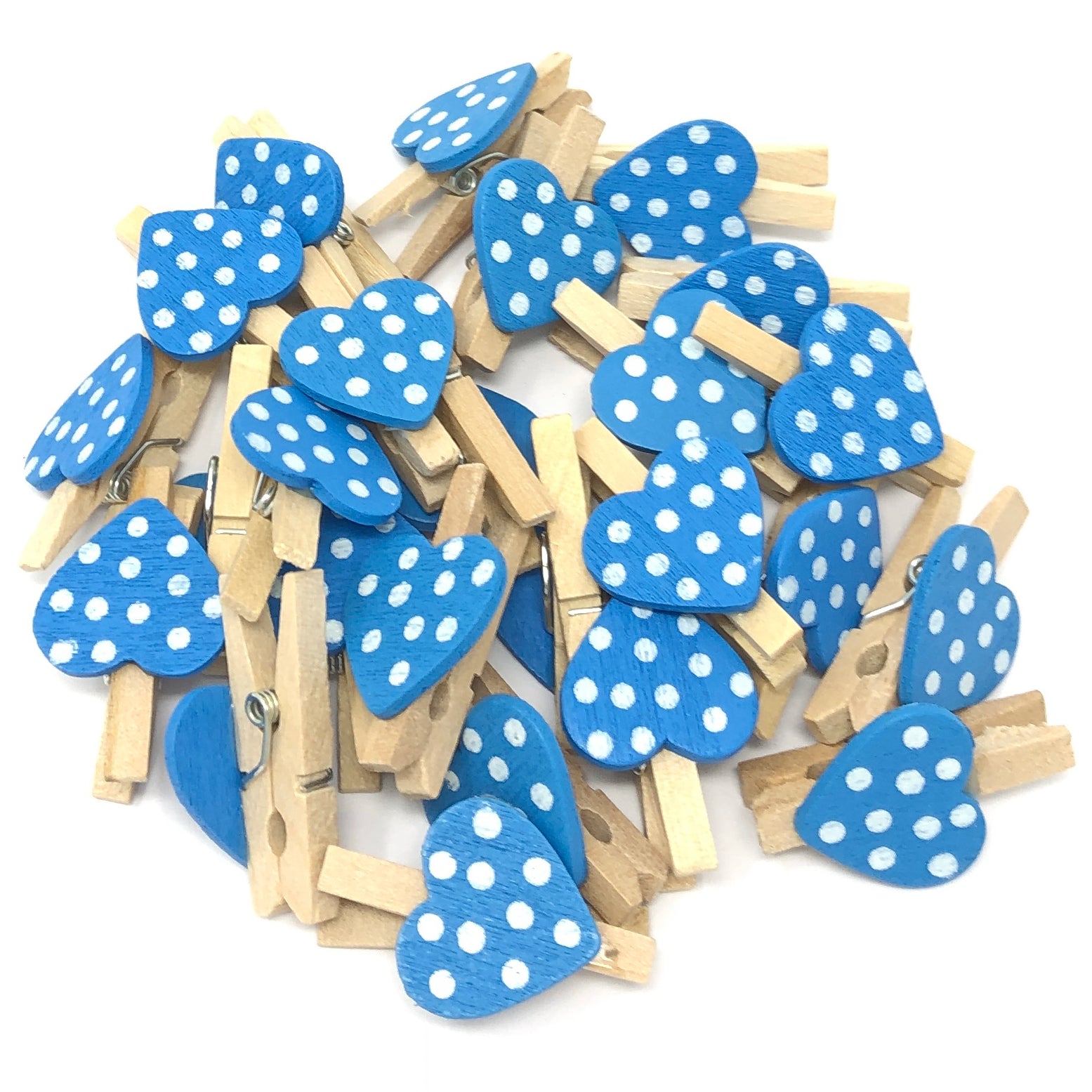 Blue 30mm Natural Pegs with 18mm Spotty Hearts