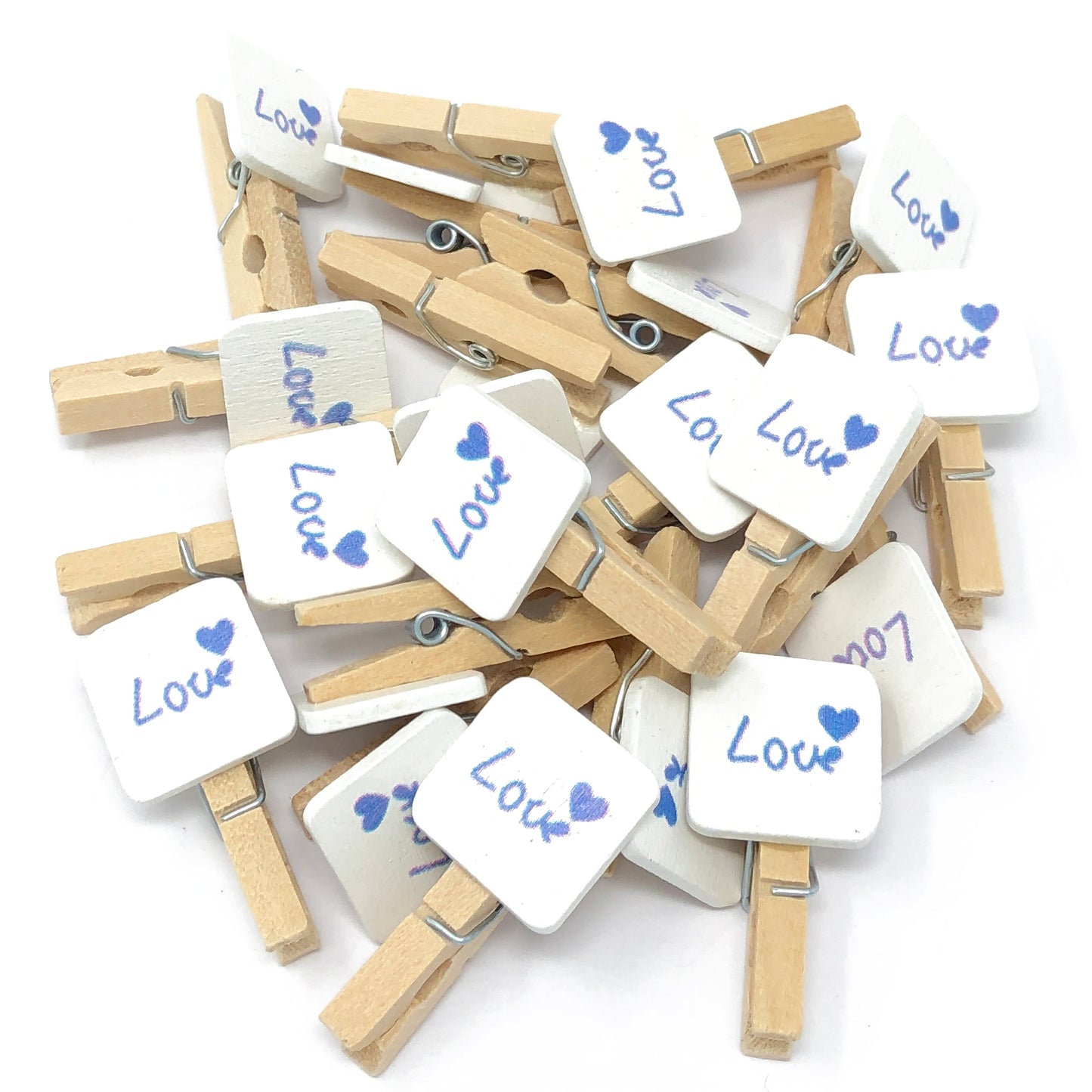 Blue 30mm Natural Pegs with 18mm Square 'Love' Tags