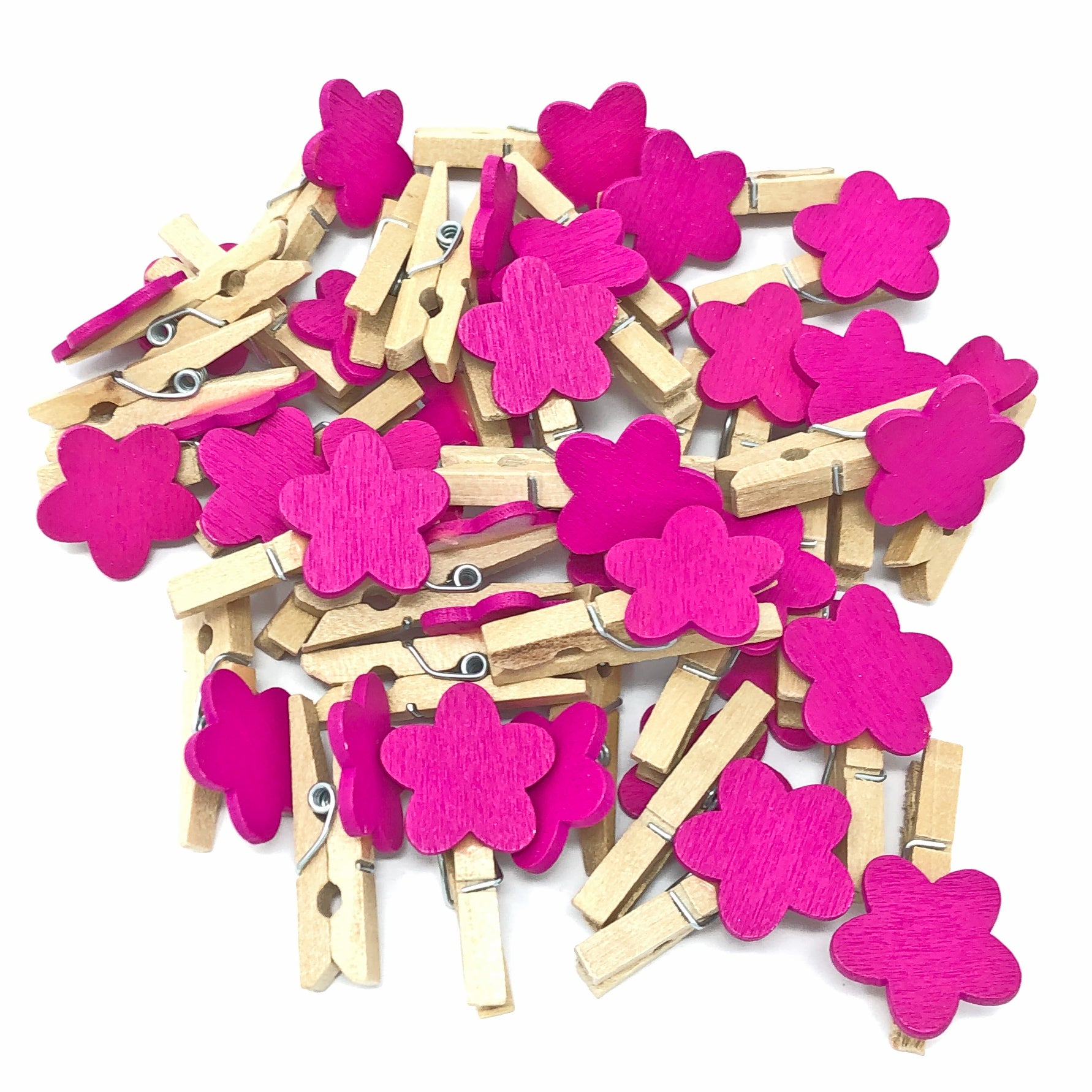 Bright Pink 30mm Natural Pegs with 18mm Coloured Wooden Flowers