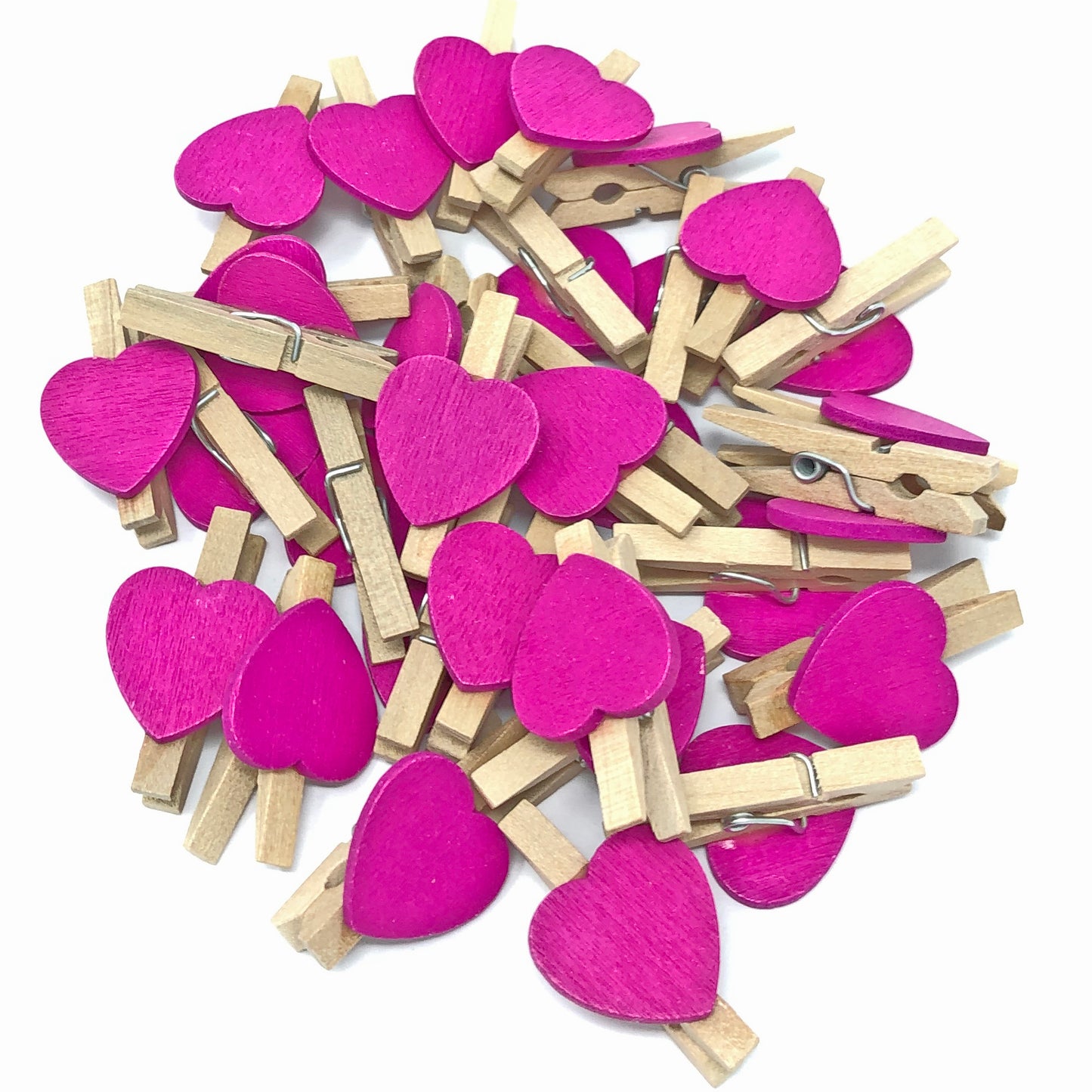 Bright Pink 30mm Natural Pegs with 18mm Coloured Hearts
