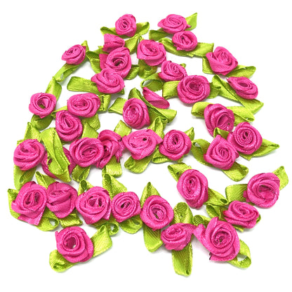 Bright Pink Mini 15mm Rose Satin Ribbon Rose Buds With Base