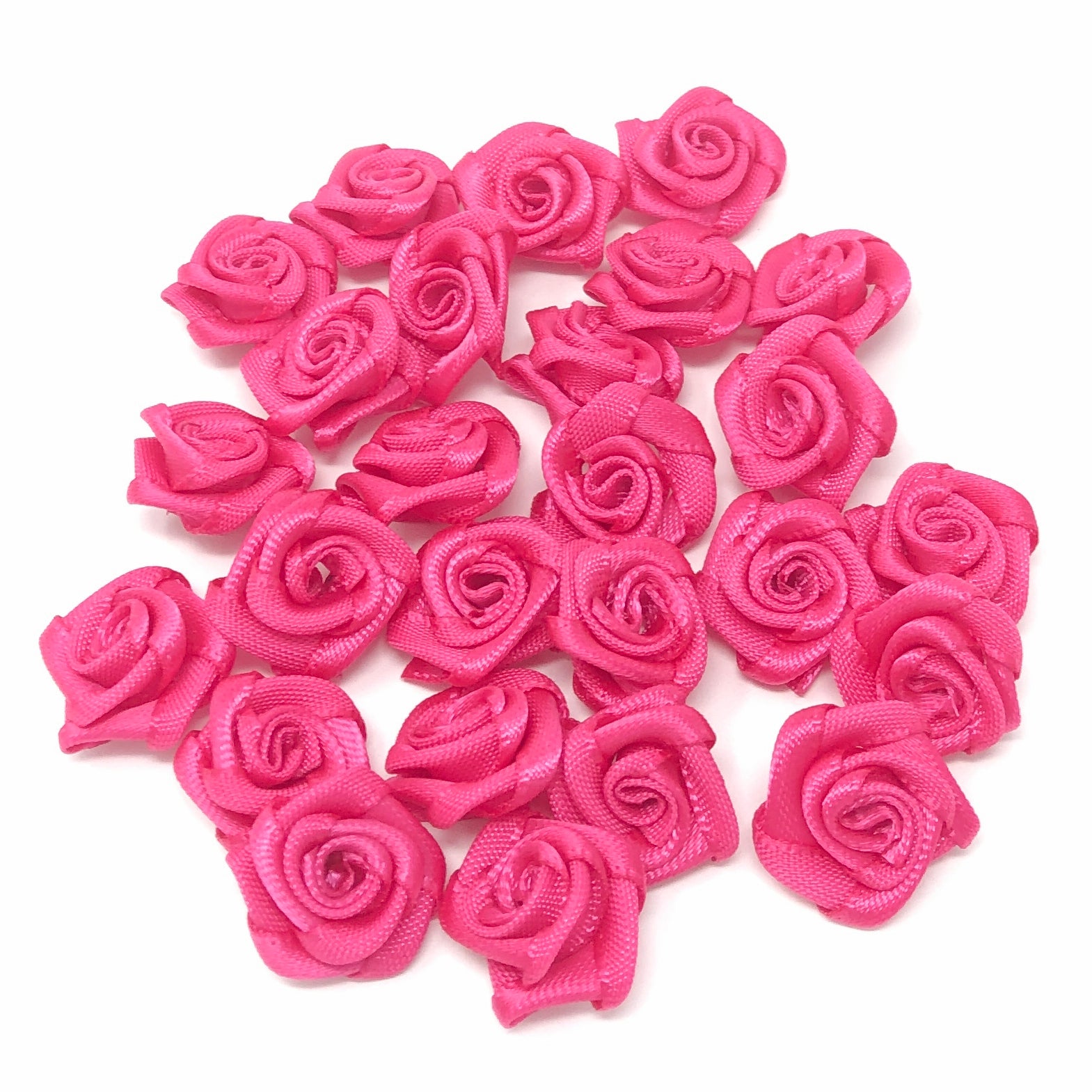 Bright Pink 15mm Miniature Satin Ribbon Roses