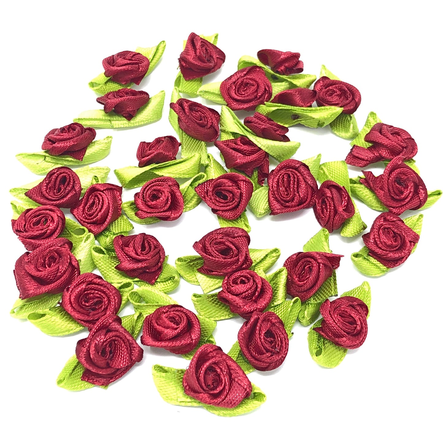 Dark Red Mini 15mm Rose Satin Ribbon Rose Buds With Base