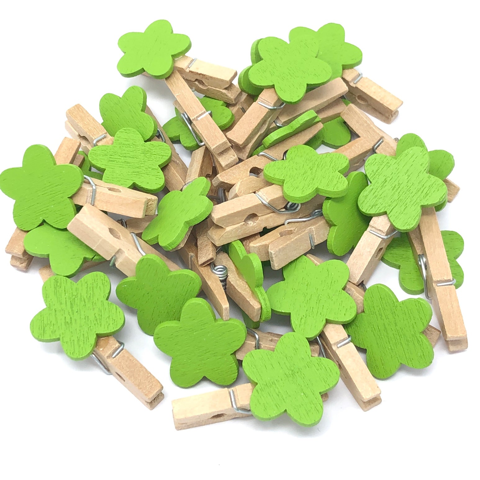 Green 30mm Natural Pegs with 18mm Coloured Wooden Flowers