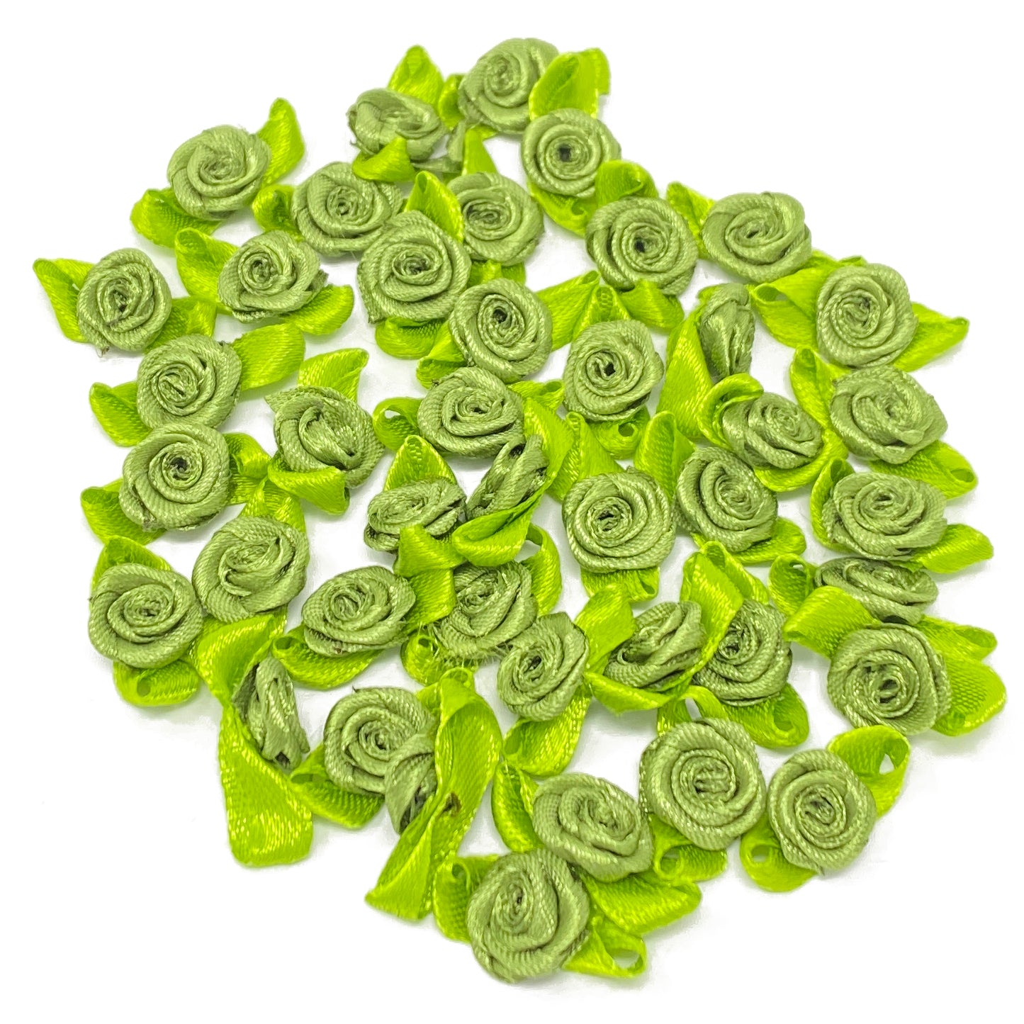 Green Mini 15mm Rose Satin Ribbon Rose Buds With Base