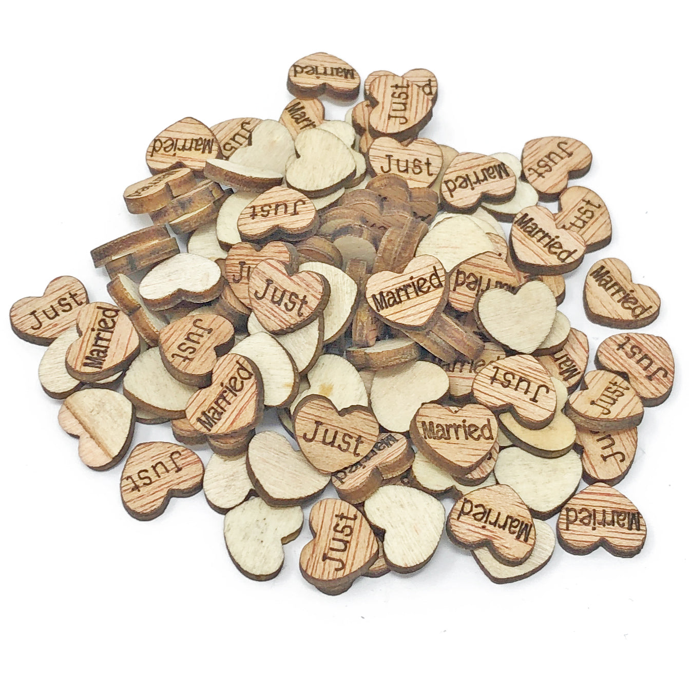 Just Married 10mm Natural Wooden Wedding Love Hearts