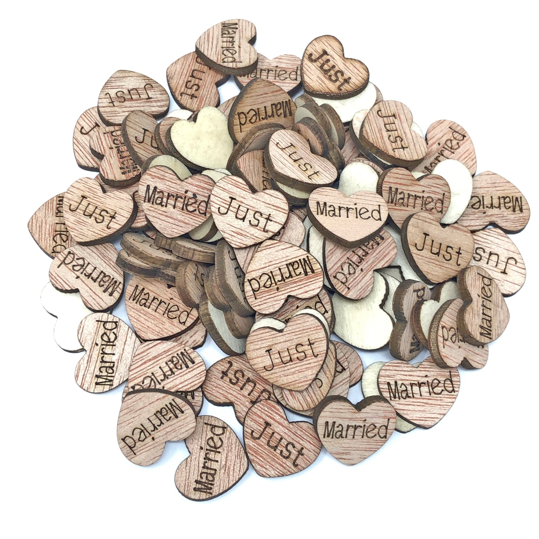 Just Married 15mm Natural Wooden Wedding Love Hearts 