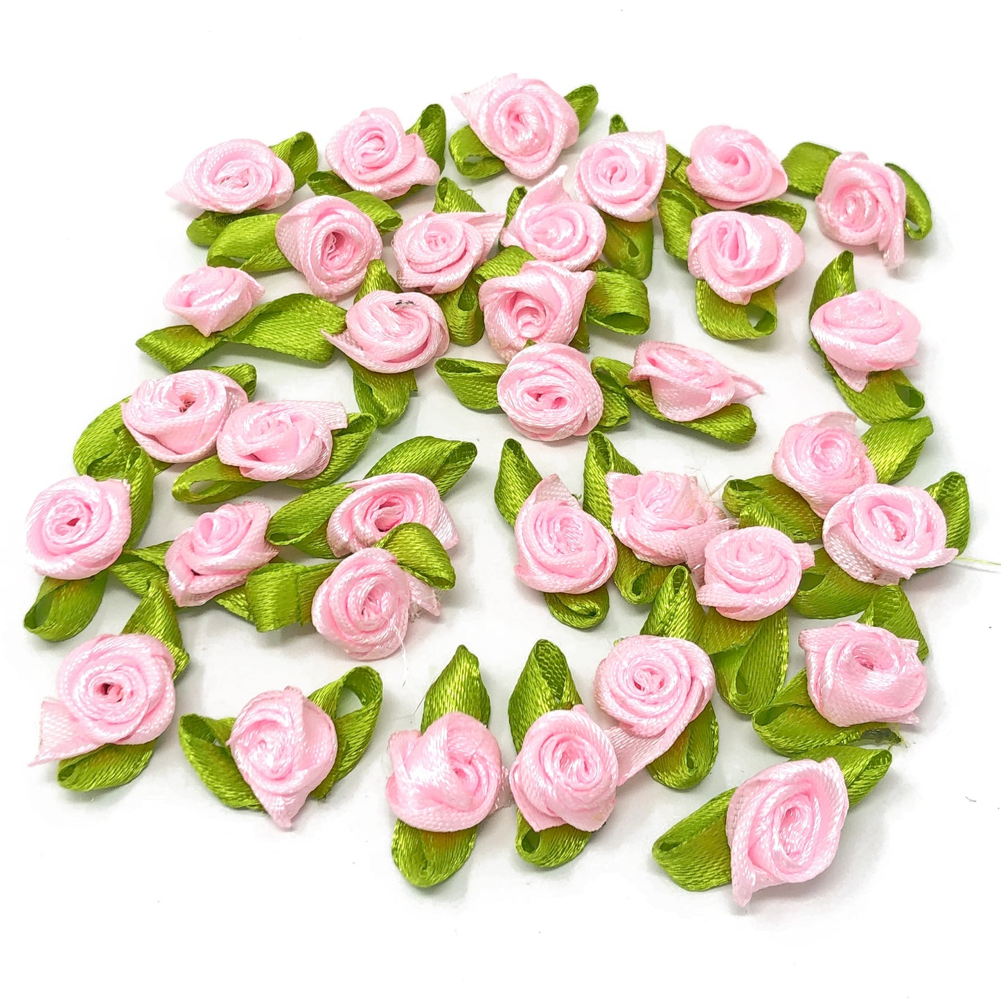 Light Pink Mini 15mm Rose Satin Ribbon Rose Buds With Base