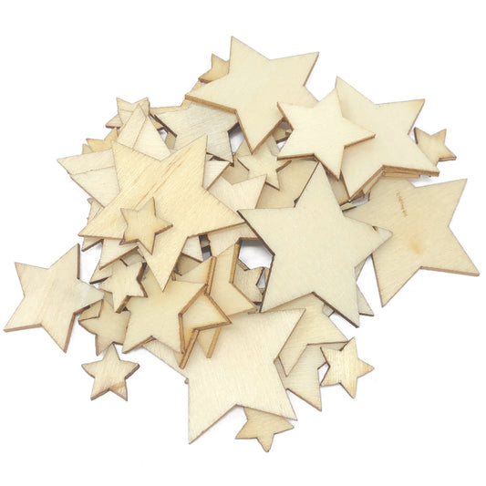 50 Mixed Size Natural Plain Wood Stars